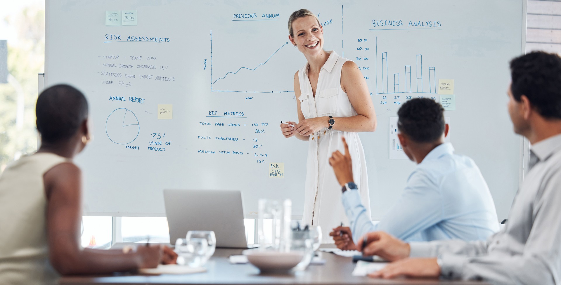 Presentation, training and data with a female leader, manager or CEO and her team in a meeting for strategy and planning. Collaboration and teamwork during a seminar or workshop for development