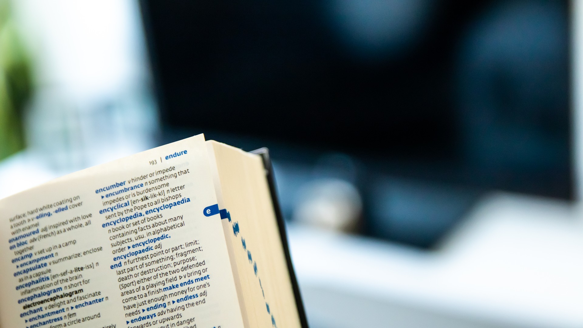 English dictionary open with the background of a living room