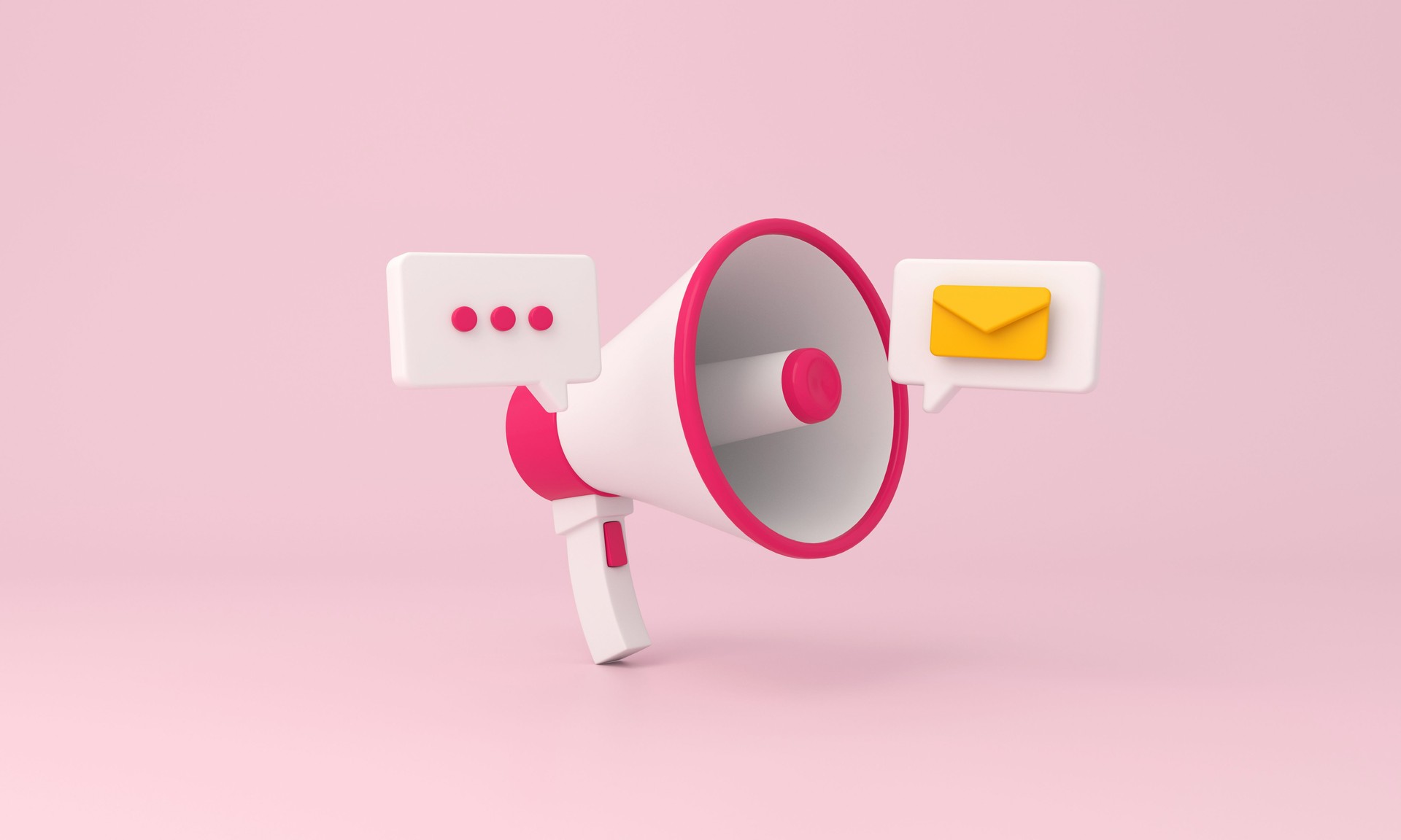Megaphone icon and alarm mail on pink background.